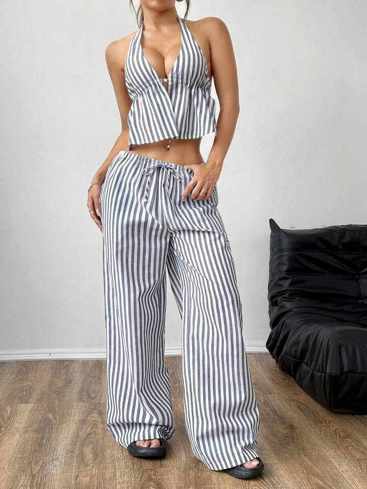 SHEIN EZwear Women's Summer Striped Halter Neck Vest And Waist-Tied Casual Pants Set | SHEIN