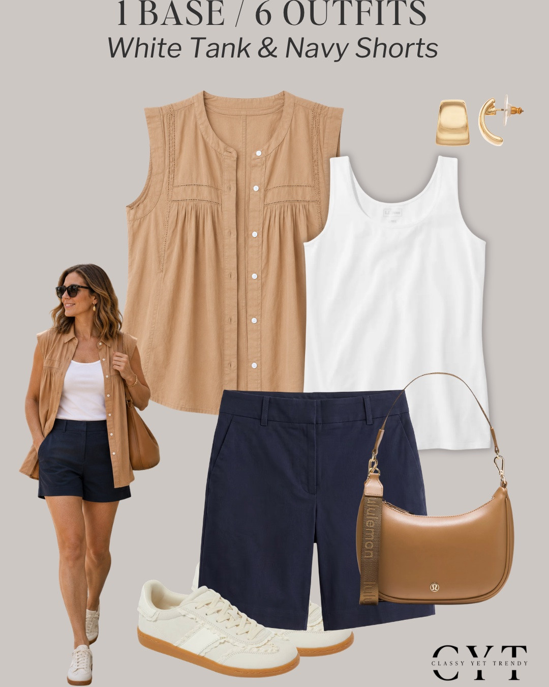 1 Base, 6 Outfits: Summer Edition 🎉 6 ways to wear two classic and timeless wardrobe staples: white tank and navy shorts (or black shorts) ✔️ Mix and match lightweight tops, shoes and accessories to create different looks. 

how to style, outfit ideas, elevated outfit, wardrobe essentials, chambray, button down shirt, casual sneakers, jelly flats, slide sandals, sandal heels, strap sandals

#summerstyle #summeroutfits #howtowear #stylinginspo #styletips