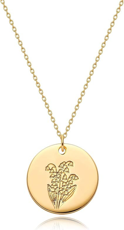 MYEARS Women Coin Necklaces Gold Birth Month Flower Bouquet Disc Round Medal Pendant Engraved Flo... | Amazon (US)