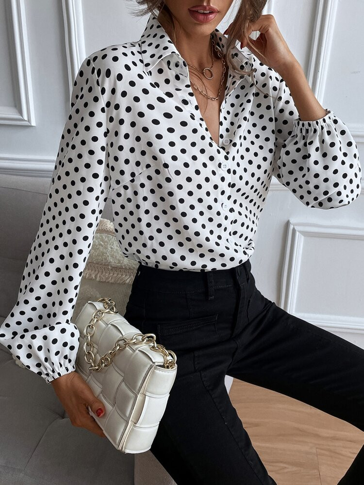 Polka Dot Bishop Sleeve Button Up Blouse | SHEIN