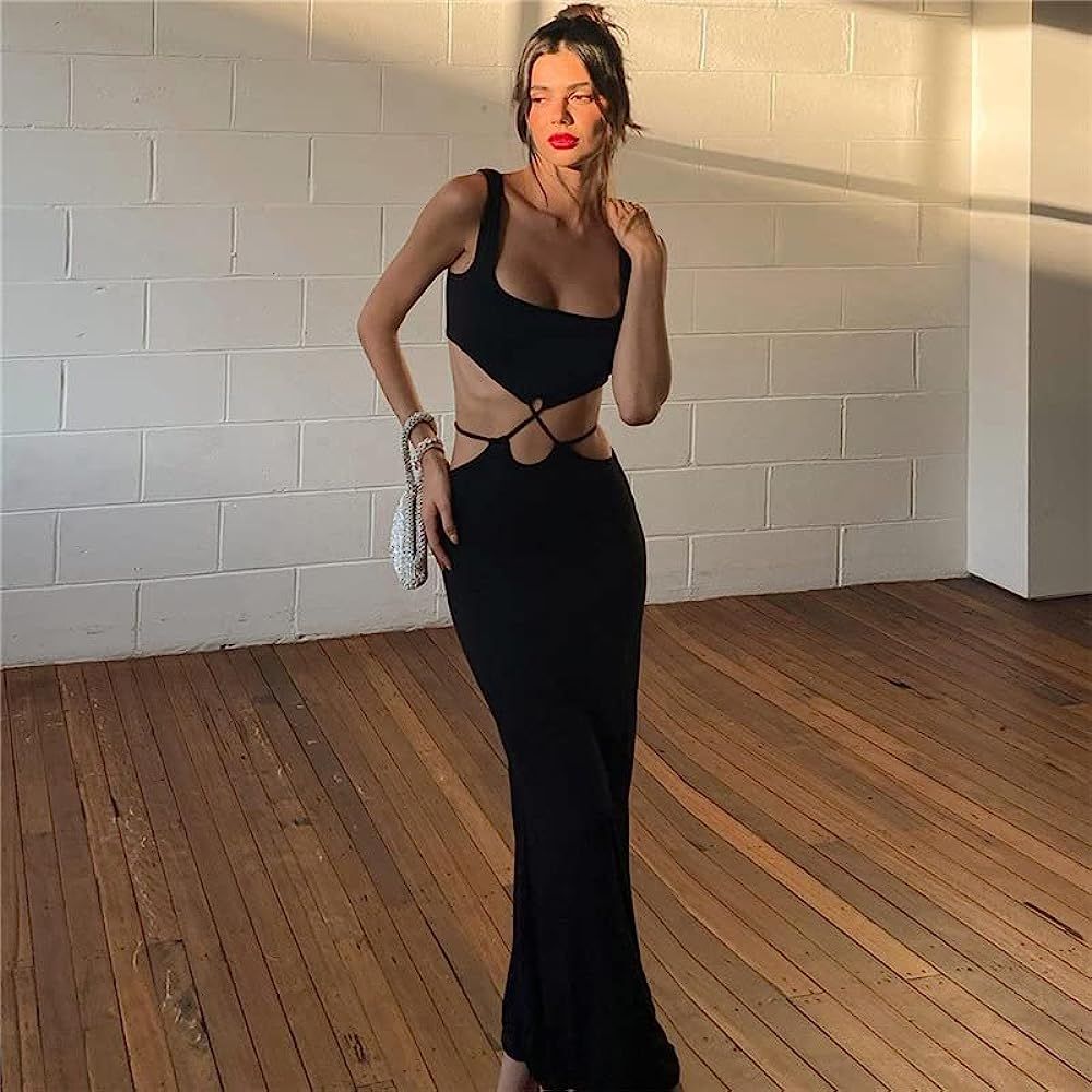 Women's Sexy Spaghetti Straps Square Neck Maxi Bodycon Dress Y2K Cutout Sundress Long Dress Party Cl | Amazon (US)