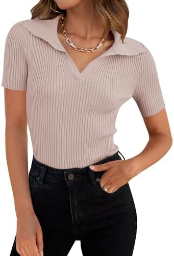 ZESICA Women's Short Sleeve V Neck T Shirts 2026 Summer Ribbed Knit Slim Fitted Basic Solid Color... | Amazon (US)