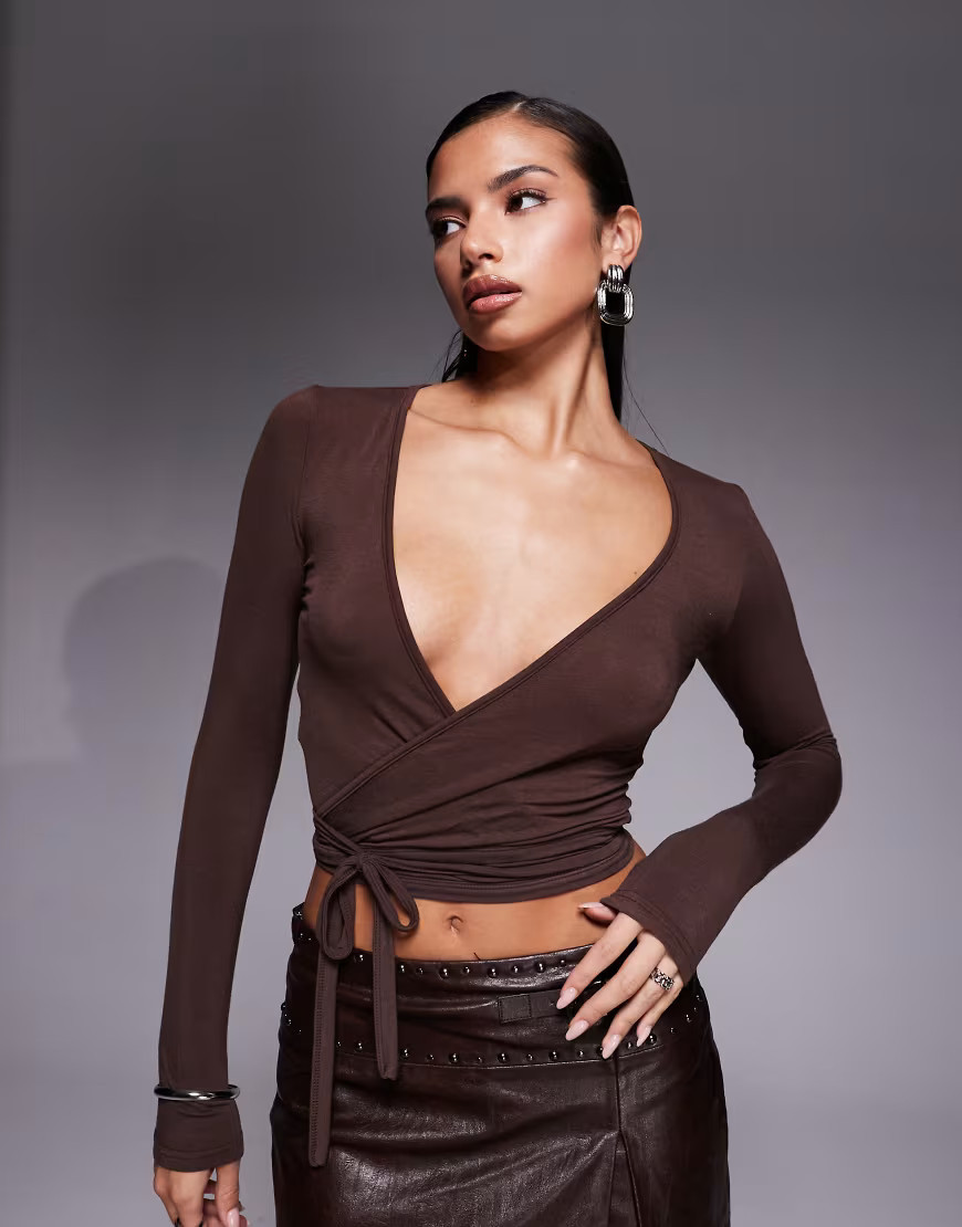Edikted Malenna wrap top in brown | ASOS (Global)