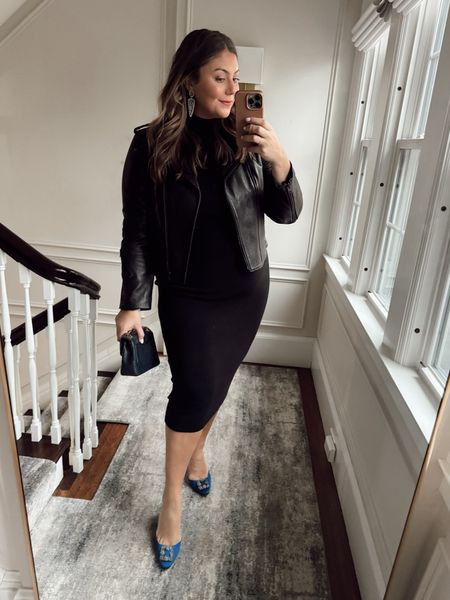 Date night outfit inspo! Love pairing a black dress with a moto jacket and a pop of color shoe. Wearing size XL in dress & jacket. Use code CARALYN10 at Spanx. 

#LTKparties #LTKstyletip #LTKmidsize