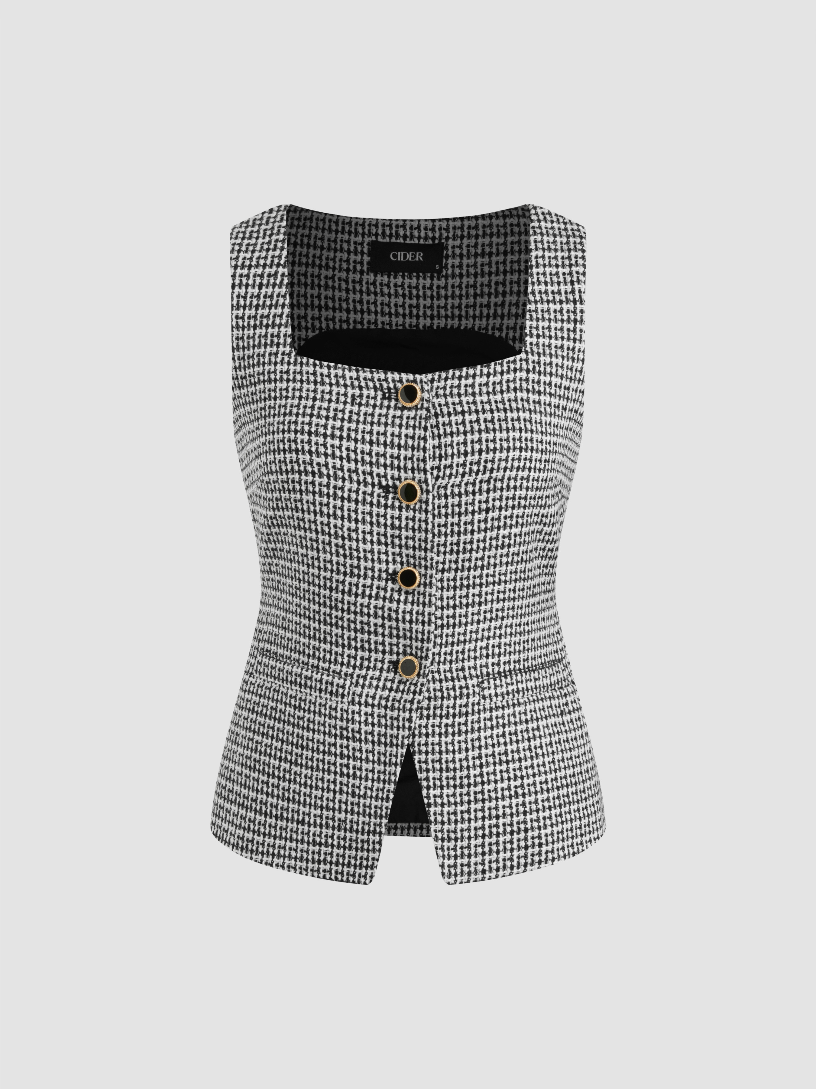 Tweed Tweed Square Neck Checks Button Knotted Blazer Vest For Work | Cider