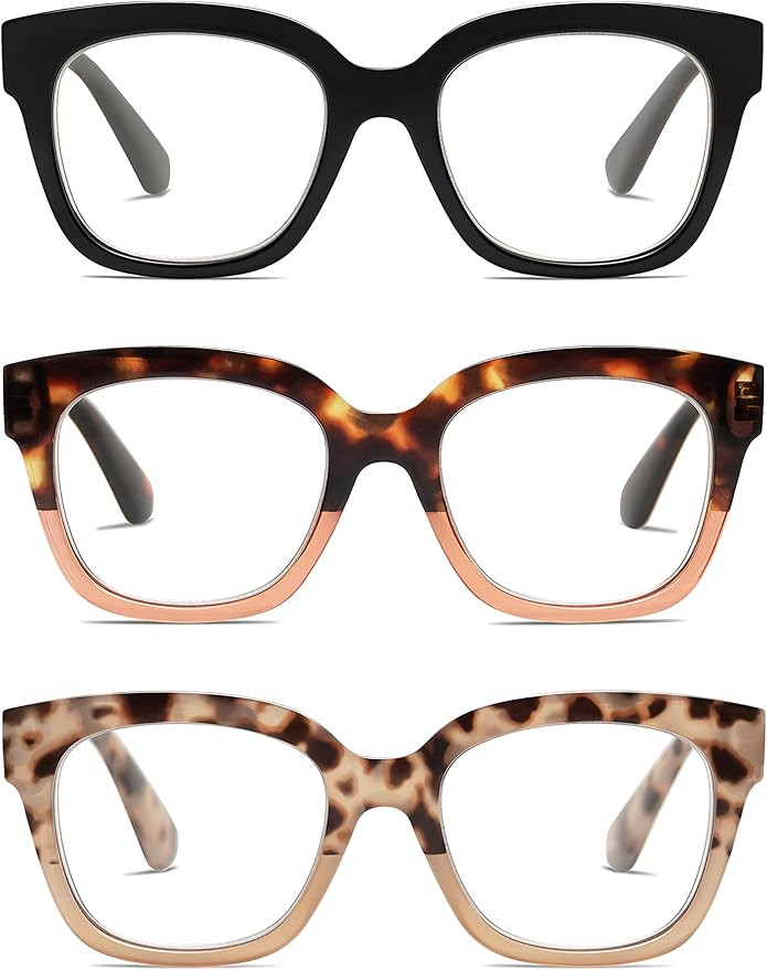 3-Pack Retro Square Reading Glasses for Women Trendy Blue Light Blocking Readers 1.5 2.0 2.5 with... | Amazon (US)