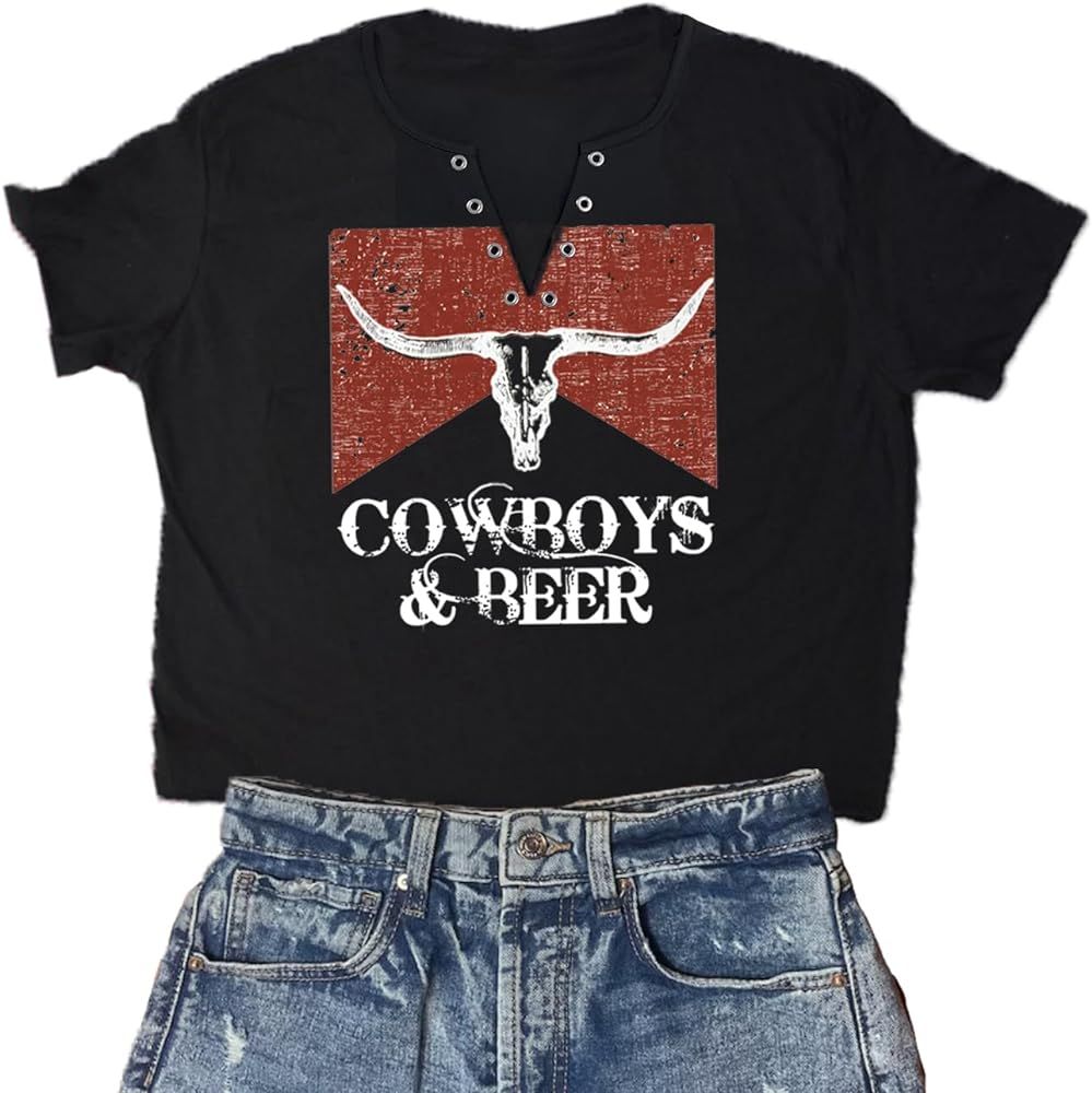 Cowboys and Beer Shirt Women Vintage Western Rodeo T-Shirt Funny Country Music Party Tee Cowboy G... | Amazon (US)