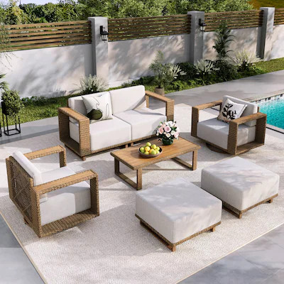Sunshine Valley 6 -Piece Wicker Patio Conversation Set with Beige Cushions | Lowe's