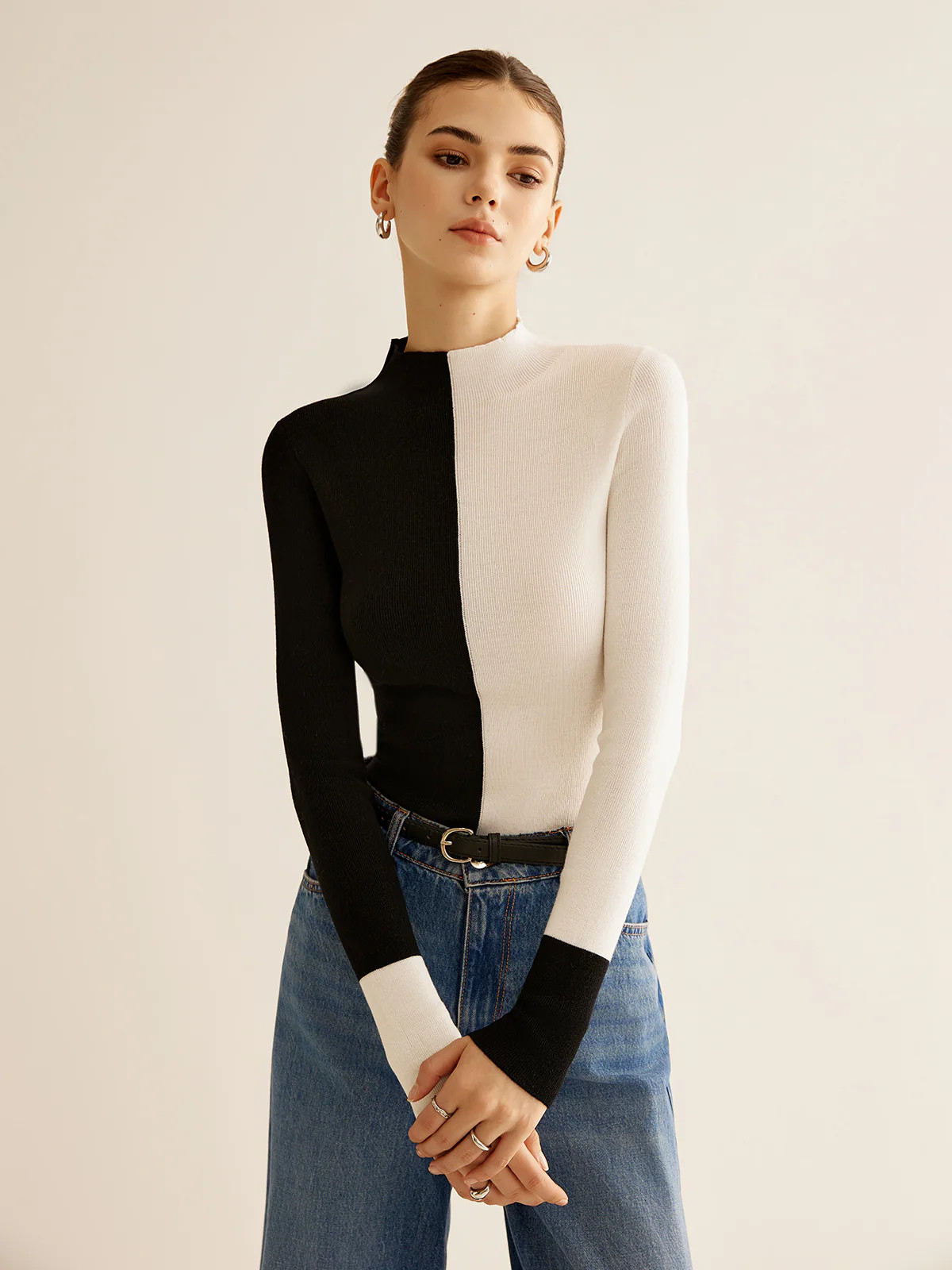 Wool-Blend Two Tone Skinny Knit Top | Commense