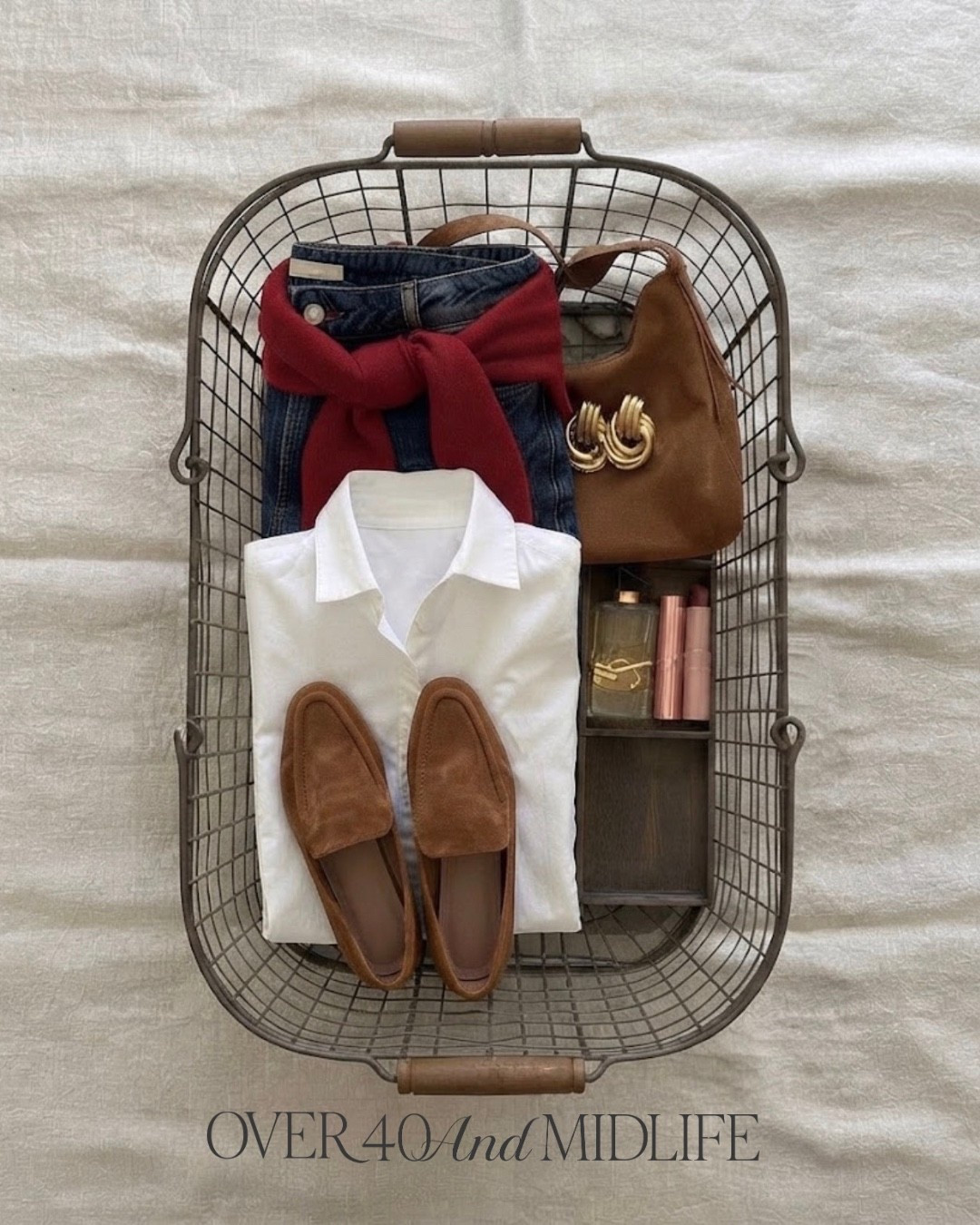 ✨Tap the bell, save and ❤️ start here over 40 fashion, midlife style, midsize fashion and luxury looks for less.  

Falling hard for this season’s uniform. 🍂🤎

A crisp white button-up, dark wash denim, and that perfect pop of rich red just feels so good for fall.

I love an outfit that looks pulled together without feeling like I tried too hard and this one checks every box. The brown suede loafers and bag add that cozy texture, the gold hoops give it just enough polish, and everything still feels comfortable and wearable for real life.

This is exactly the kind of transitional outfit I’ll reach for on repeat: chic, easy, and proof that getting dressed doesn’t have to be complicated to make you feel good.

Who else is basically living in denim + cozy layers right now? 🍁 Tell me your fall staple below.

👑 Helping you look good, feel good.-Lindsey Denver   Check back daily for belly-friendly style, confidence, and Outfit Physics™.

#LTKOver40 #LTKPlusSize #LTKMidsize