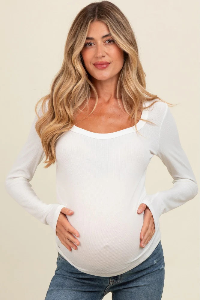Ivory Ribbed Square Neck Long Sleeve Maternity Top | PinkBlush Maternity