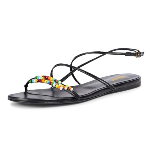 miss left Women Open Toe Beaded Strappy Comfortable Flat Sandals Buckled Comfy Insole Summer Vacation Beach Casual Daily Shoes Size 6 Black | Amazon (US)