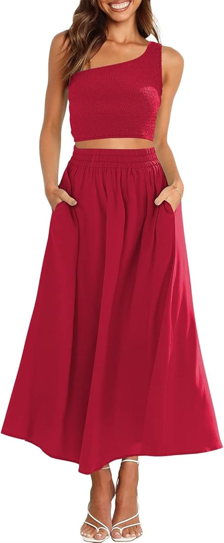 ANRABESS Women's 2 Pieces Outfits One Shoulder Smocked Crop Top & High Waist Long Skirt Dress Set... | Amazon (US)