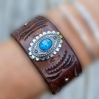 Leather Cuff, Western Style Wristband, Cuff Bracelet, Boho, Dark Brown, Hand Tooled, Concho With Turquoise Stone | Etsy (US)