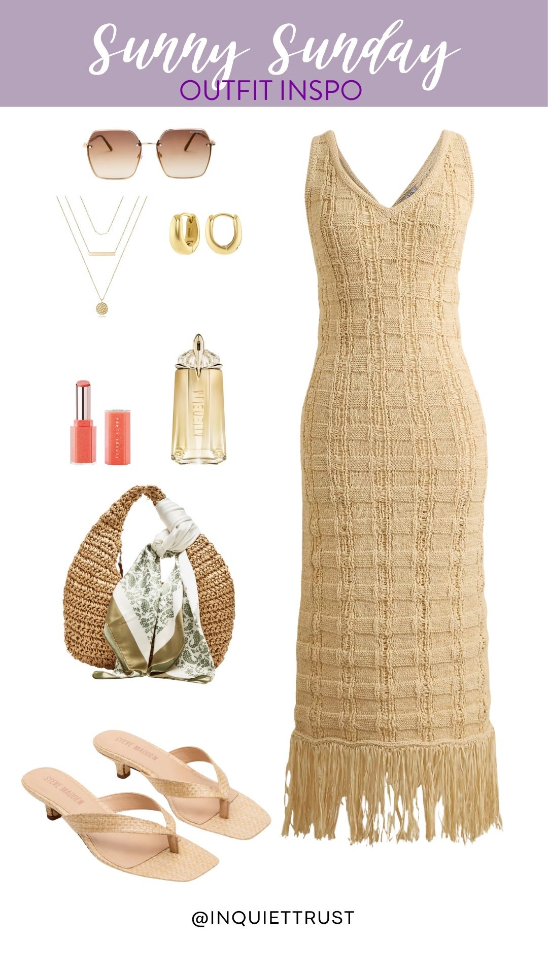 Sunny Sunday but in a classy fringe-trim sweater dress! Wear the prettiest raffia kitten heels, a raffia hobo bag attached with a beautiful silk scarf, and some dainty accessories.
#outfitinspo #summerfashion #europeanaesthetic #makeupfinds

#LTKU #LTKStyleTip #LTKSeasonal