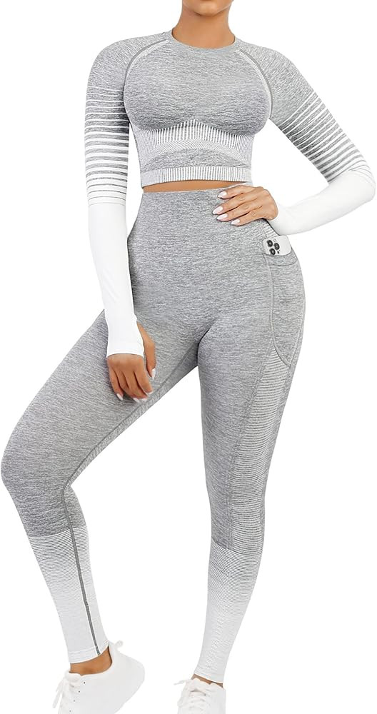 FeelinGirl Workout Sets for Women 2 Piece Long Sleeve Gym Outfit Yoga Set Crop Top High Waist Leg... | Amazon (US)