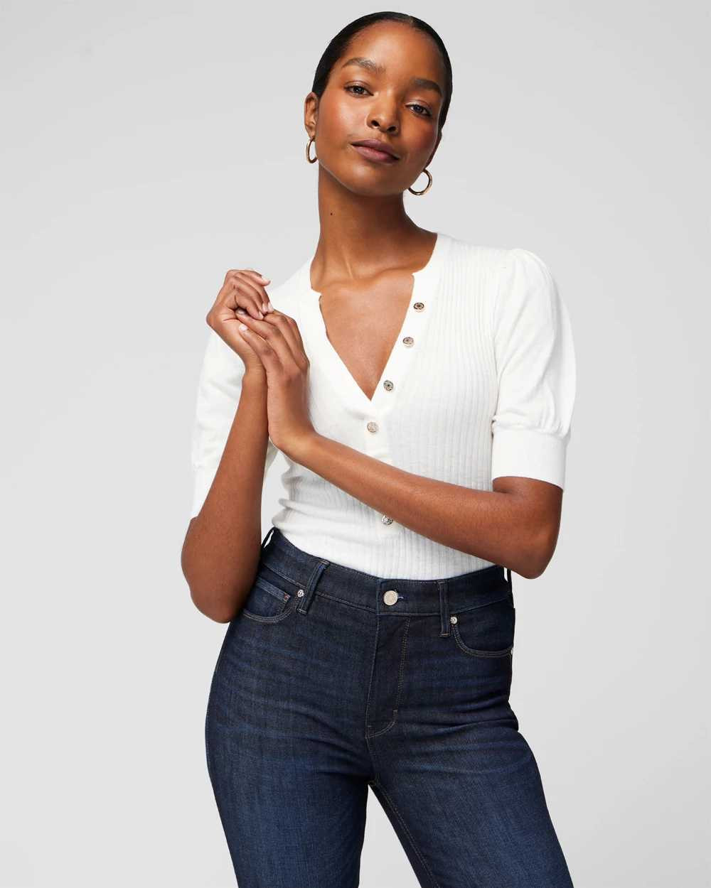 Elbow Sleeve Cashmere Blend Puff Henley Sweater | White House Black Market