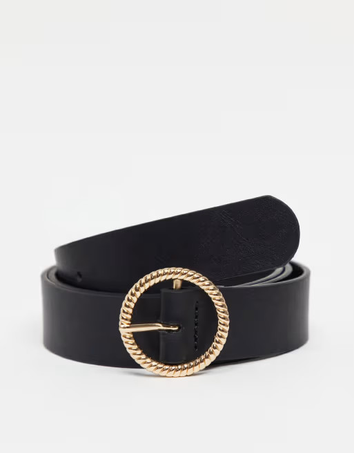 ASOS DESIGN slim belt in black faux leather with round gold detail buckle | ASOS (Global)