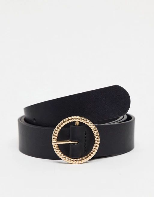 ASOS DESIGN slim belt in black faux leather with round gold detail buckle | ASOS (Global)