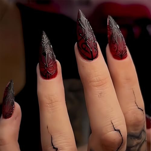 Halloween Press on Nails Medium Almond Fake Nails Red Goth Nails Press Ons with 3D Embossed Designs Acrylic Nail Goth Halloween Stick on Nail Full Cover Glue on Nail for Women Girls 24Pcs | Amazon (US)