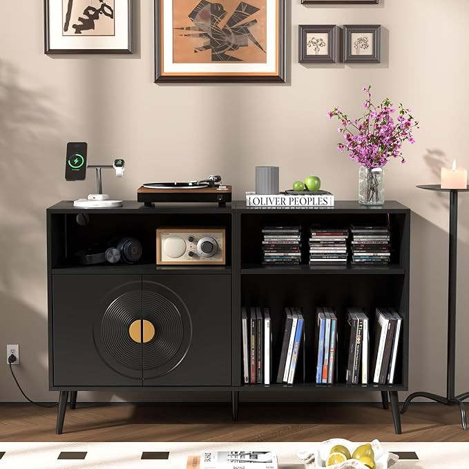 Large Record Player Stand, Mid Century Turntable Stand with Door, Record Player Table Holds Up to... | Amazon (US)