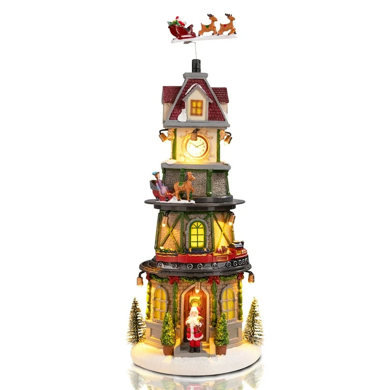 15 Inch Wonede Garden Christmas Village Tabletop Clock Tower Collectible Buildings with Revolving... | Walmart (US)