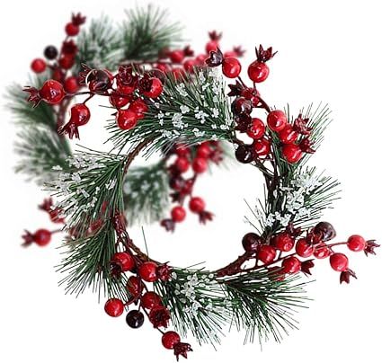 Grenerics 2 PCS Red Berry Pine Wreath Artificial Berries Snowy Pine Needles Candle Wreaths Ring G... | Amazon (US)