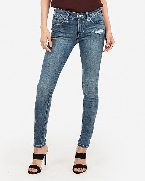 mid rise medium wash ripped jean ankle leggings | Express