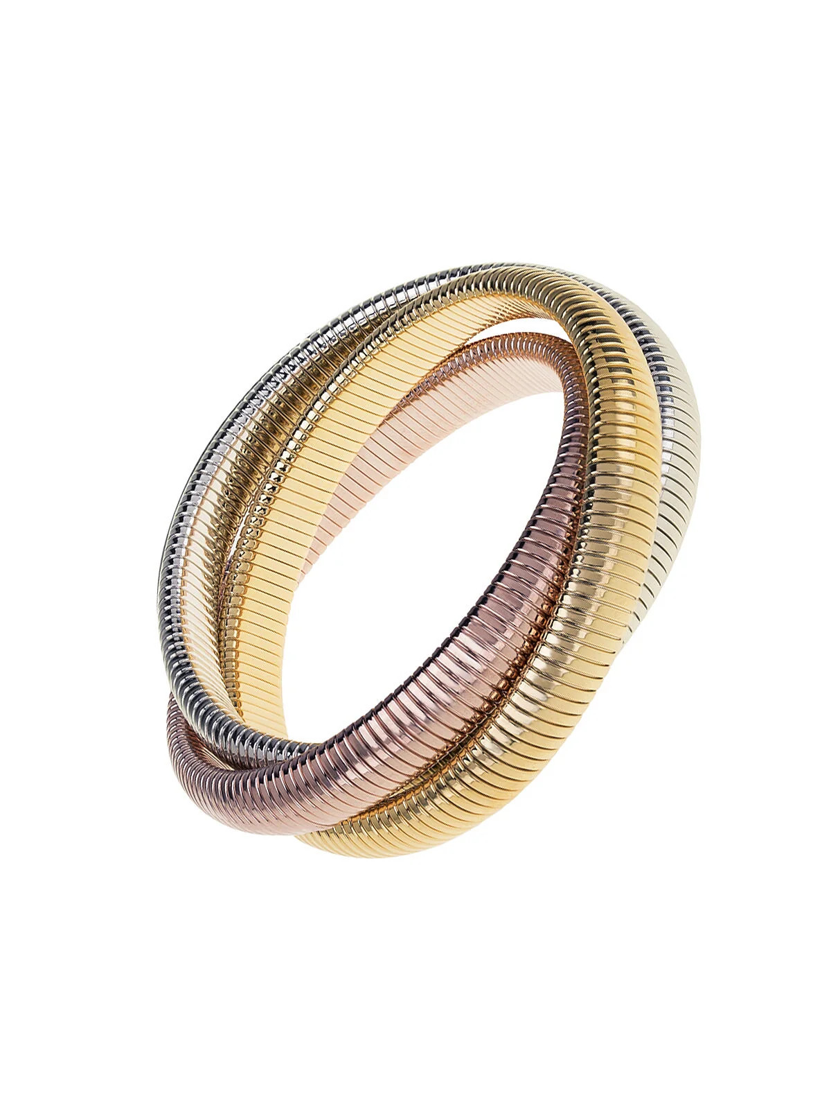 High Polished Rhodium, Yellow and Rose Gold Plated Triple Twist Small Cobra Bracelet | YLANG 23