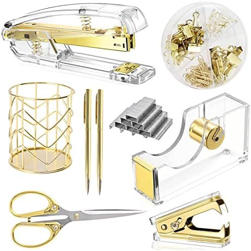 Famassi Gold Desk Accessories，Office Supplies Set Acrylic Stapler Set Staple Remover, Tape Holder, P | Amazon (US)