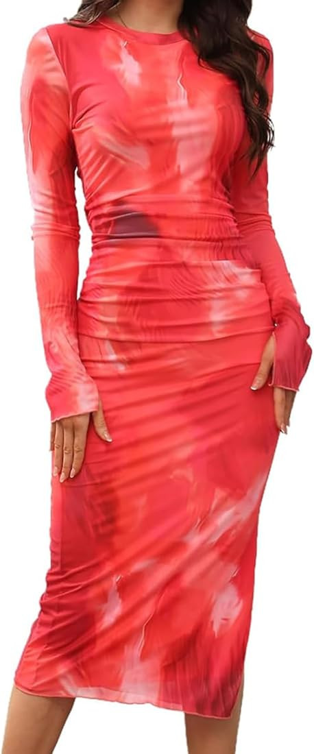 Remelon Bodycon Mesh Maxi Dress for Women Floral Print Long Sleeve Sheer Tulle Side Split Dresses... | Amazon (US)