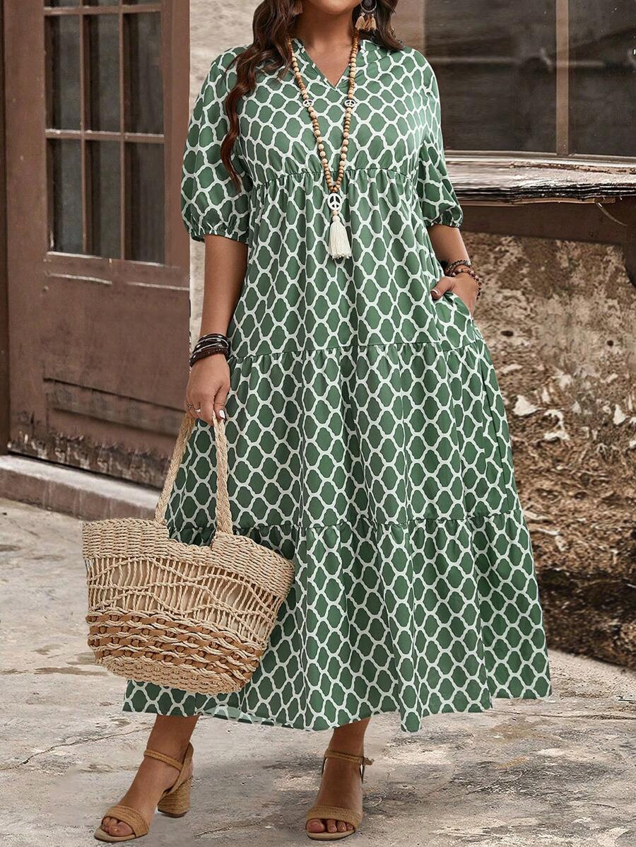 EMERY ROSE Plus Size Women's Geometric Printed Notched Short Puff Sleeve Loose Long Dress With Po... | SHEIN