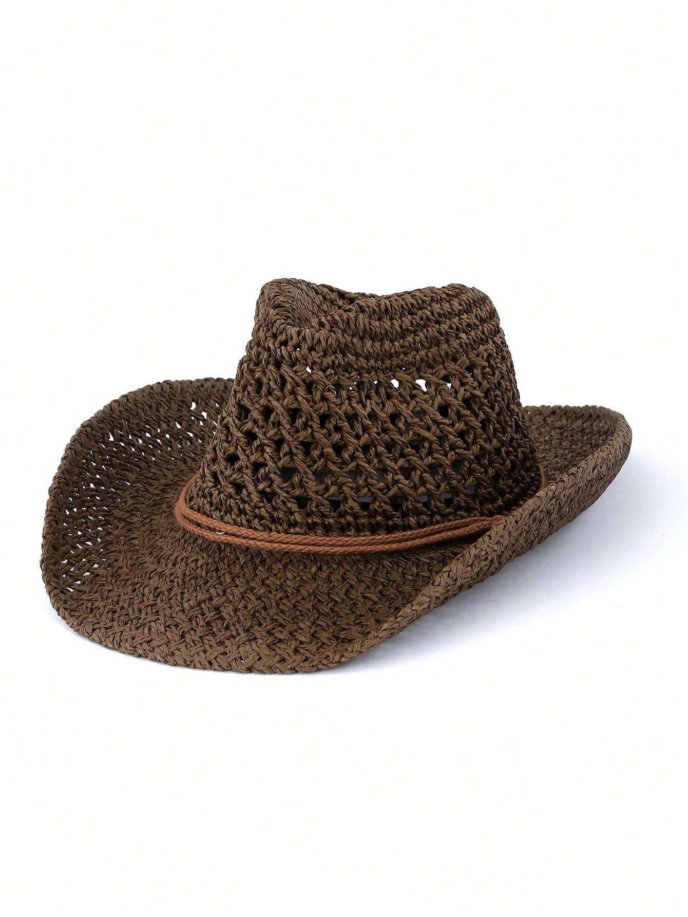 1pc Unisex Wide Brim Roll-Up Handwoven Straw Hat, Vintage Western Cowboy Style, Summer Sun Hat For Beach, Outdoor Activities, Simple & Fashionable For Commute | SHEIN