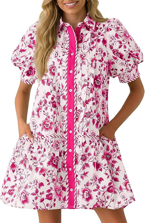 Wenrine Womens Mini Dress Summer Casual Short Puff Sleeve Floral Collared V Neck Loose Button Dow... | Amazon (US)