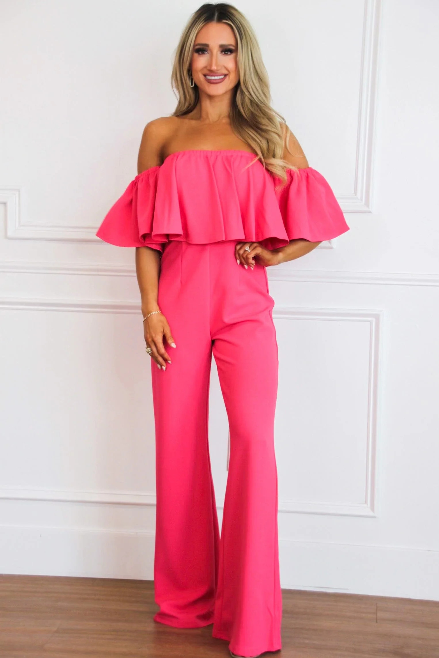 Darcy Off Shoulder Jumpsuit: Fuchsia | Bella and Bloom Boutique