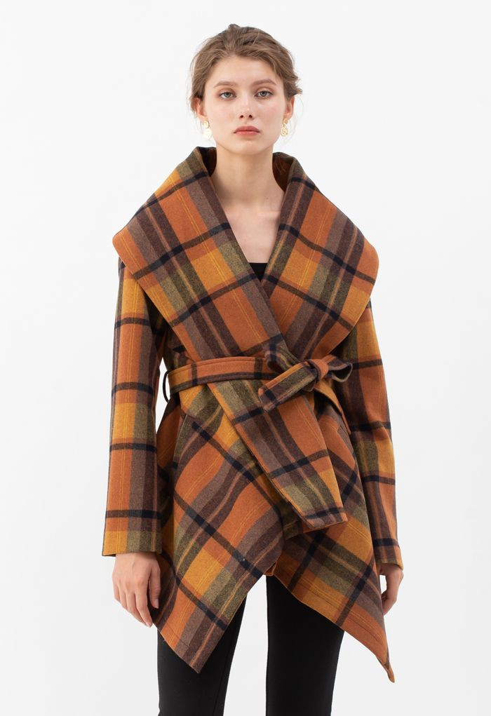 Plaid Pattern Rabato Coat in Caramel | Chicwish