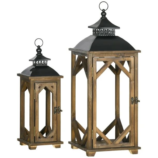 HOMCOM 2 Pack 31"/21" Large Rustic Lantern Decorative, Hanging Wooden Metal Indoor Covered Outdoo... | Walmart (US)