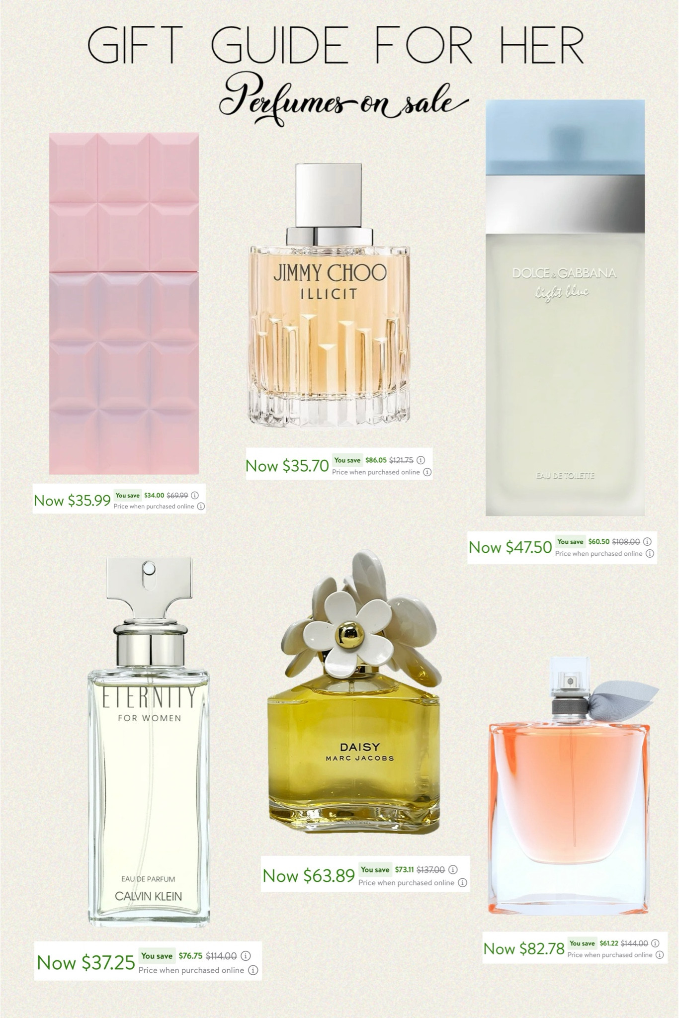 Gift guide for her
Perfumes on sale 

Sabrina Carpenter Sweet Tooth Eau de Parfum 2.5 oz | Dolce & Gabbana Light Blue Eau De Toilette, Perfume for Women, 3.3 oz | Jimmy Choo ILLICIT Eau de Parfum, Perfume for Women, 3.3 oz | Calvin Klein Eternity, Eau de Parfum, Perfume for Women, 3.4 Oz | Marc Jacobs Daisy Eau De Toilette, Perfume for Women, 3.4 oz | Lancome La Vie Est Belle Eau de Parfum, Perfume for Women, 3.4 oz

#LTKGiftGuide #LTKSaleAlert #LTKCyberWeek