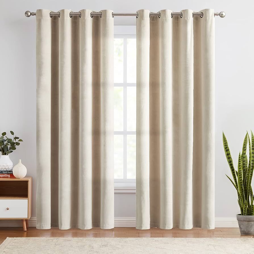 Lazzzy Velvet Curtains Beige Thermal Insulated Curtains 96 inch Long Drapes for Bedroom Living Ro... | Amazon (US)