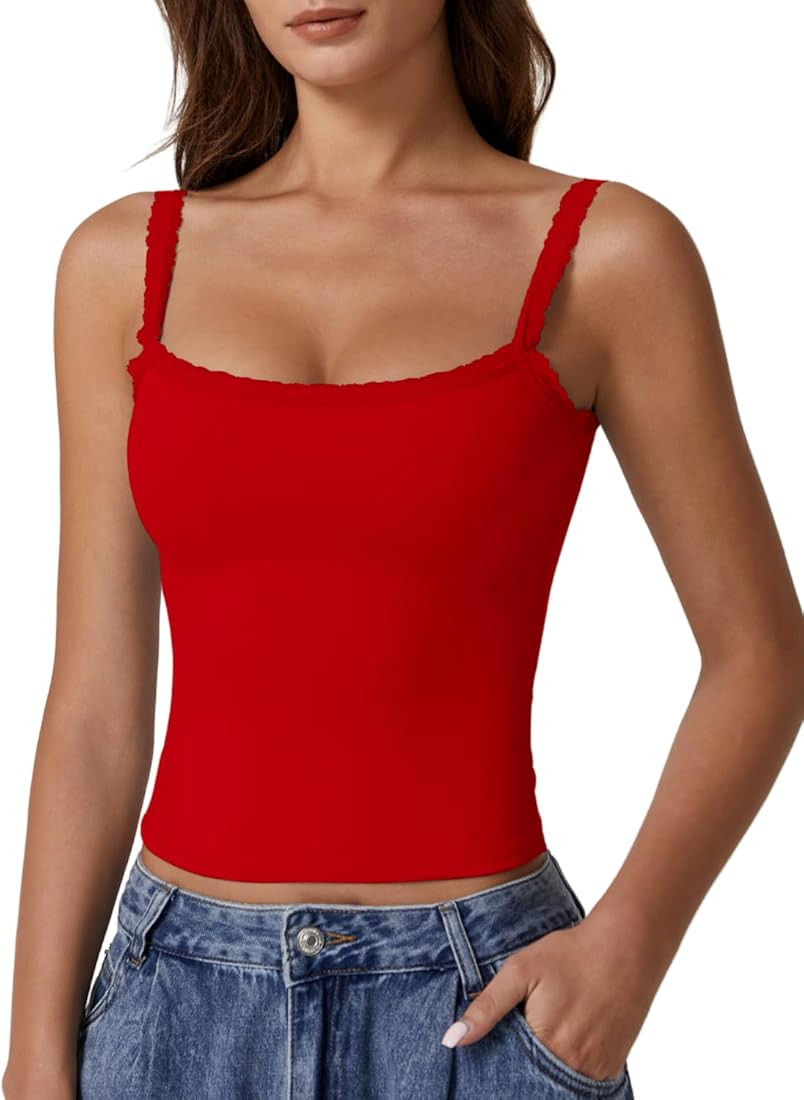 QINSEN Womens Square Neck Lace Trim Tank Top Double Lined Slim Fitted Y2k Going Out Camisole Shir... | Amazon (US)