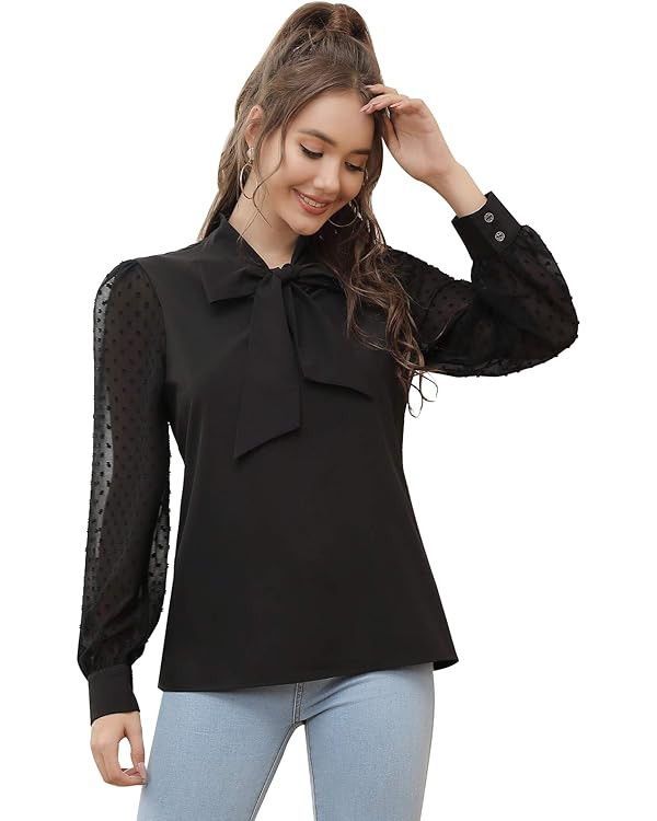 Kate Kasin Womens Bow Tie Long Sleeve Blouse Swiss Dot Shirts Office Tops | Amazon (US)