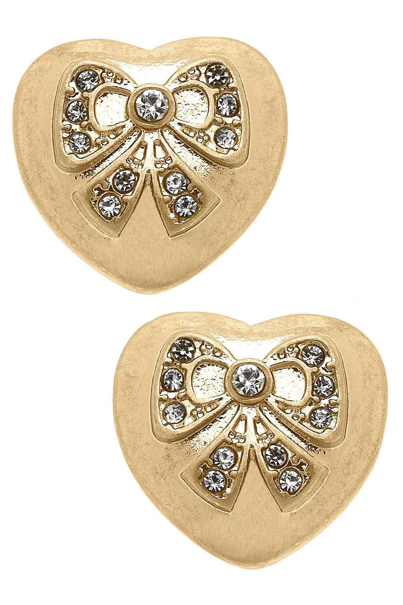 Rylan Pavé Bow Heart Stud Earrings in Worn Gold | CANVAS