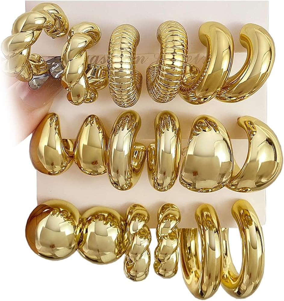 IFKM 24 Pairs Gold Hoop Earrings Set for Women Hypoallergenic Chunky Chain Twisted Open Hoops Dan... | Amazon (US)