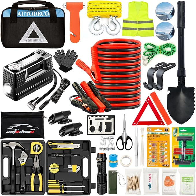 AUTODECO 105 PCS Roadside Car Emergency Assistance Kit with Portable Air Compressor Jumper Cables | Amazon (US)