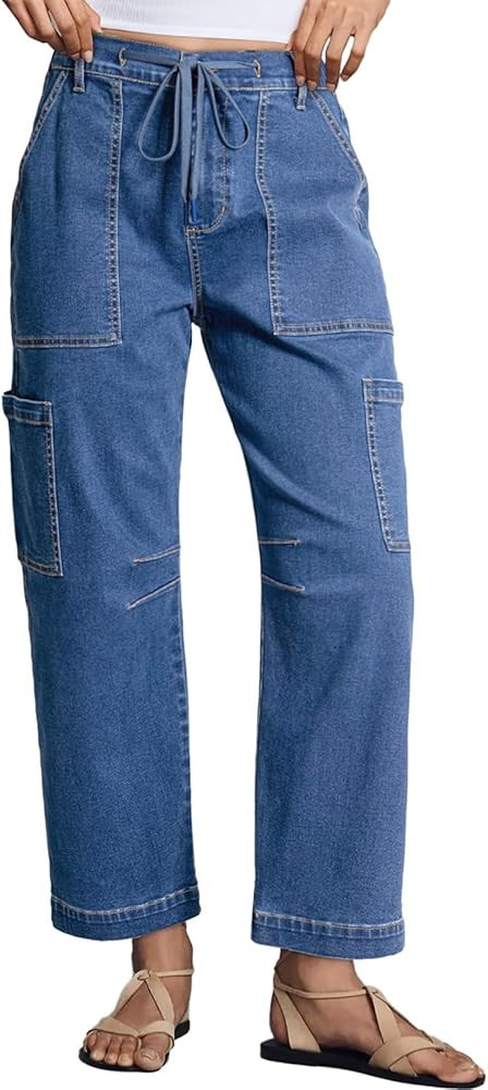 Dokotoo Jeans for Women Casual High Waisted Straight Wide Leg Pants Loose Cargo Denim Pants with ... | Amazon (US)