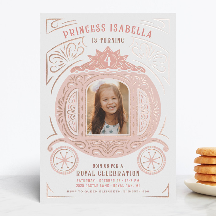 "Princess Carriage" - Customizable Foil-pressed Children's Birthday Party Invitations in Pink by ... | Minted