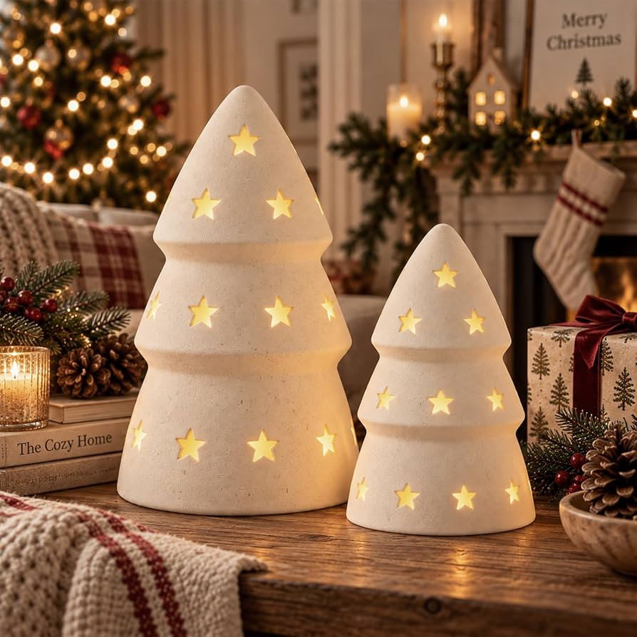 2 Pcs Terracotta Christmas Tree Figurines with LED Lights | Amazon (US)