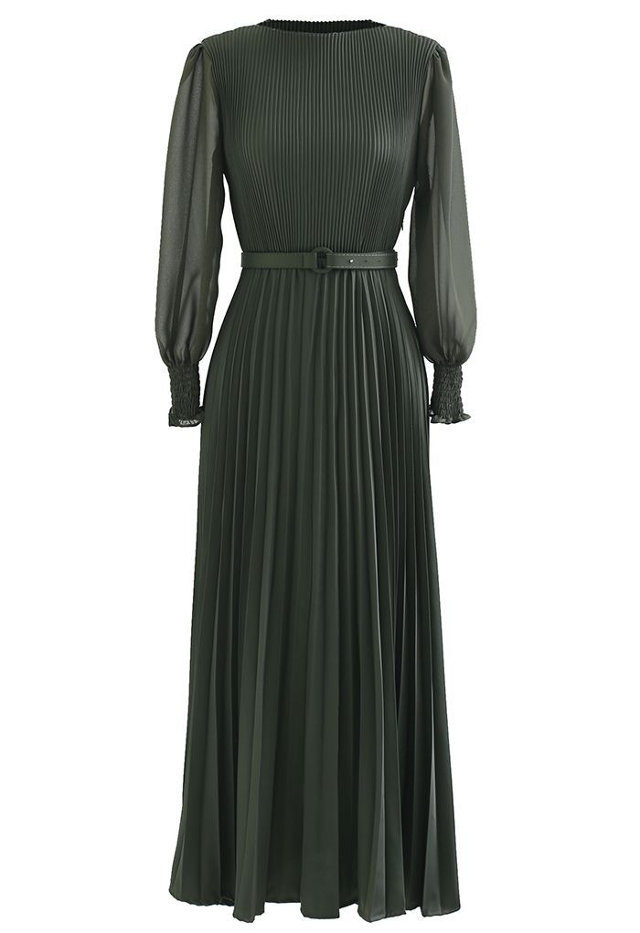 Full Pleated Belted Maxi Dress in Dark Green | Chicwish