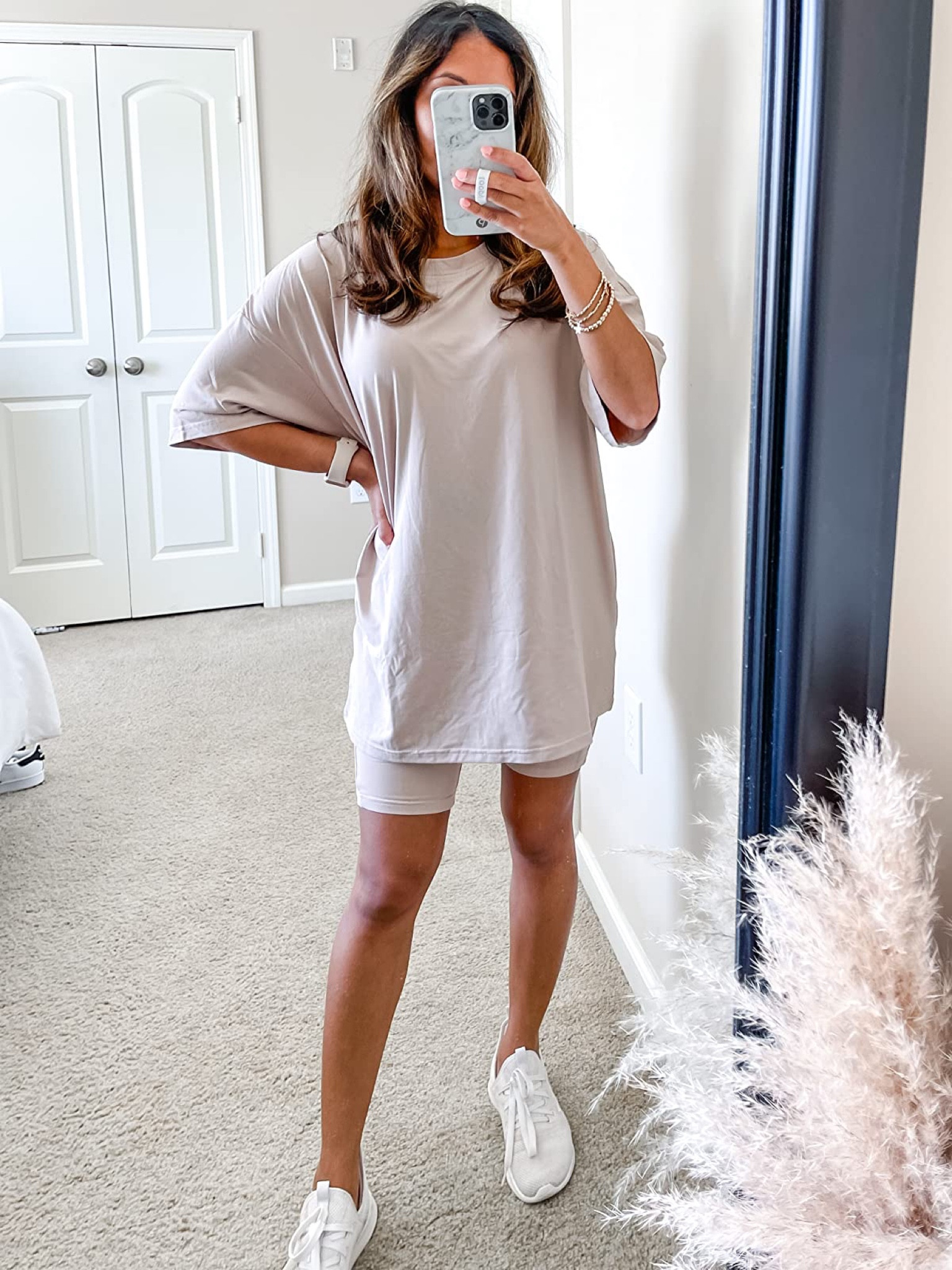 Neutral amazon /two piece set with a baggy shirt and matching biker shorts! Great for lounging around. Wearing size small. #Founditonamazon #amazonfashion Amazon fashion outfit inspiration, amazon athleisure 

#LTKunder100 #LTKfit #LTKstyletip