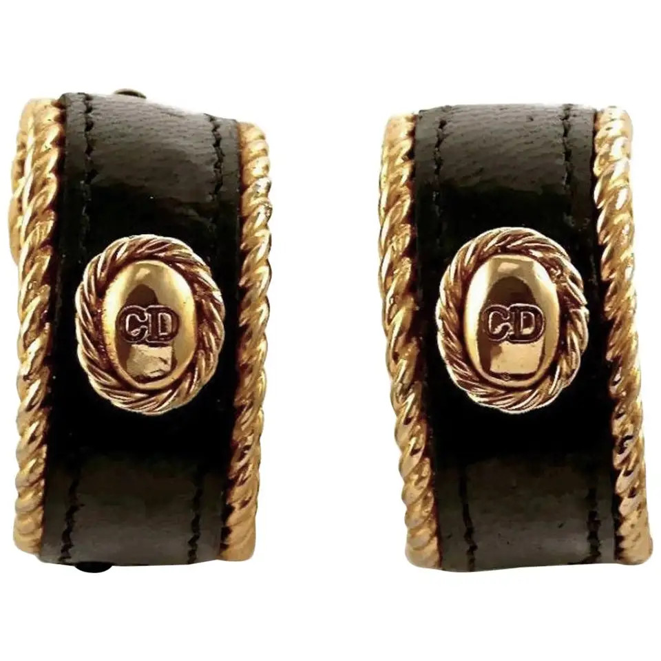 Vintage CHRISTIAN DIOR Logo Leather Hoop Earrings | 1stDibs